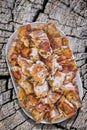 Plateful of Spit Roasted Pork Meat Slices on Old Stump Serving As Improvised Picnic Table