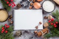 Plateit. Christmas Recipe Menu Concept. Ingredients for cooking christmas baking and empty notebook