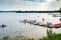 Plateliai Lithuania 08 24 2020 Water bike rental on the lake shore in a recreation center