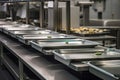 plates on conveyor belt, being transported past hot food stations for quick and efficient service