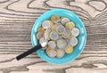 Plates full of euro coins and magnifiers