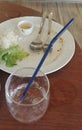 Plates and glasses left after meals, food finished Royalty Free Stock Photo