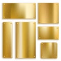 Plates golden. Metallic yellow plate, gold shiny square and rectangular bronze banner. Polished textured blank label