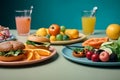 Plates with organic products and fast food. Diet decision concept and nutrition, Generative AI