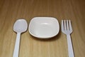Plates, plastic utensils on wood background.