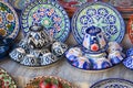 Plates and pots on a street market in the city of Bukhara, Uzbek Royalty Free Stock Photo