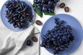 Plates with ripe sweet grapes on light table Royalty Free Stock Photo