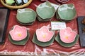 Plates and saucers with sakura leaves and flowers at market in Gion area of Kyoto, Japan Royalty Free Stock Photo