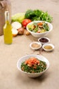 Plates of traditional Arabic salad fattouch and tabbouleh on a rustic background Royalty Free Stock Photo