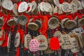 Plates with the wishes of the bound red ribbons in China.