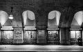 Platform at Baker Street underground train station, showing original brickwork and detail.