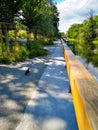 Platform with benches as relaxing area on Olawa river Royalty Free Stock Photo