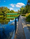 Platform with benches as relaxing area on Olawa river Royalty Free Stock Photo