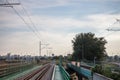 Platform and bridge in a modern train station on a suburban electrified line of the commuter railway network of Belgrade, Serbia. Royalty Free Stock Photo