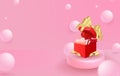 Platform and 3d studio, presentation podium. Background realistic festive gifts box. Xmas present. Pink boxes on round