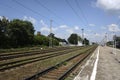 Platform and empty railway tracks of Pavelets Tulsky railway station in Ryazan region of Russia.