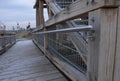 Platform of a lookout tower made of oak logs and planks with barrier-free access for seniors and the immobile. wheelchair ramp. me