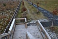 Platform of a lookout tower made of oak logs and planks with barrier-free access for seniors and the immobile. wheelchair ramp. me