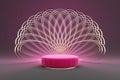 platform product display rings gold circle round backdrop fan shape luxury elegant light peacock concept stand podium hot pink.