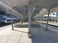 Platform of the renewed trainstation of Utrecht Centraal in the Netherlands with a train. Royalty Free Stock Photo