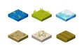 Platforms of different ground textures set, water, stone, ice, grass, wood, user interface assets for mobile app or