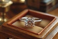 A platinum diamond ring is in a jewelry box, the concept of luxury