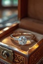 A platinum diamond ring is in a jewelry box, the concept of luxury