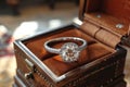 A platinum diamond ring is in a jewelry box, the concept of luxury