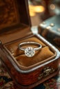 A platinum diamond ring is in a jewelry box, the concept of luxury