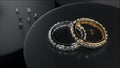 Platinum and gold diamond rings with many small diamonds on the floor. Ring design on display stand with 3D Royalty Free Stock Photo