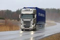 Platinum Scania Semi Trailer Trucking in Wet Weather Royalty Free Stock Photo