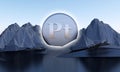 Platinum symbol in shape of coin in abstract mountains
