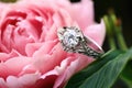 platinum wedding rings on a budding peony, with natural background