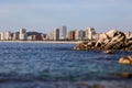 Platja d`Aro beach a well known tourist destination Costa Brava Catalonia Spain. Tilt shift blur effect. Miniature Royalty Free Stock Photo