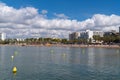 Platja de Llevant Salou seafront with beach, buildings, sea and palm trees Costa Dorada Catalonia Spain