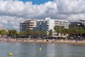 Platja de Llevant Salou seafront with beach, buildings, sea and palm trees Costa Dorada Catalonia Spain