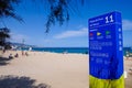 Platja del Pont del Petroli sign and beach in Badalona, Barcelona