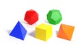 Platonic solids. Tetrahedron, hexahedron, octahedron, dodecahedron and icosahedron of different colors