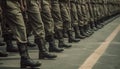 A platoon of army soldiers marching in uniform with rifles generated by AI