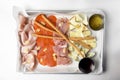 Platter of antipasti appetizers, with crusty breadsticks. meat and cheese platter, carpaccio with cut cheese