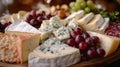 platter of assorted cheeses and grapes Royalty Free Stock Photo