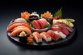 Platter of assorted sushi nigiri with fresh fish and wasabi Royalty Free Stock Photo