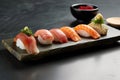 Platter of assorted sushi nigiri with fresh fish and wasabi Royalty Free Stock Photo