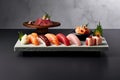 Platter of assorted sushi nigiri with fresh fish and wasabi Royalty Free Stock Photo