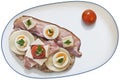 Sandwich With Bacon Rashers Egg Cheese Ham And Cherry Tomatos Served On Porcelain Platter Isolated On White Background Royalty Free Stock Photo