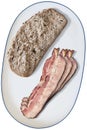 Three Juicy Pork Belly Bacon Rashers And Slice Of Brown Bread Served On Porcelain Platter Isolated On White Background Royalty Free Stock Photo
