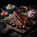 platter of barbecue ribs, glazed with a sticky and smoky barbecue sauce, served with coleslaw and cornbread by AI generated