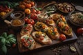 platter of bruschetta with variety of toppings, including roasted garlic and red pepper