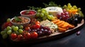 A platter of cheese, fruit, and nuts