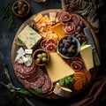 a platter of cheese, meats, and fruit on a wooden platter with utensils and a napkin on the side. g